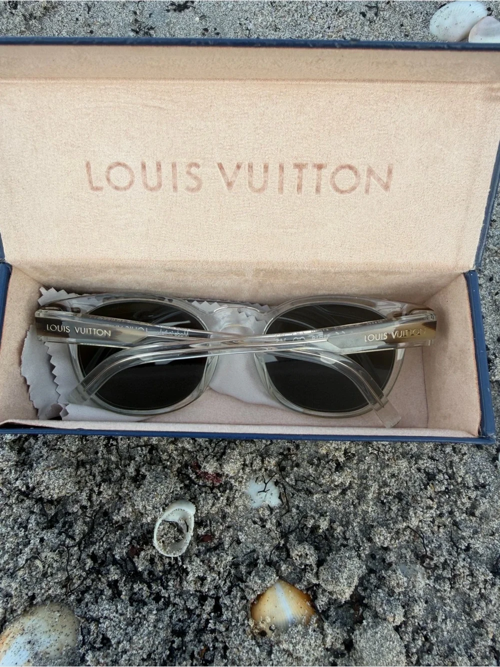 Louis Vuitton Clear Frame Sunglasses with Black Lenses and Gold Logo